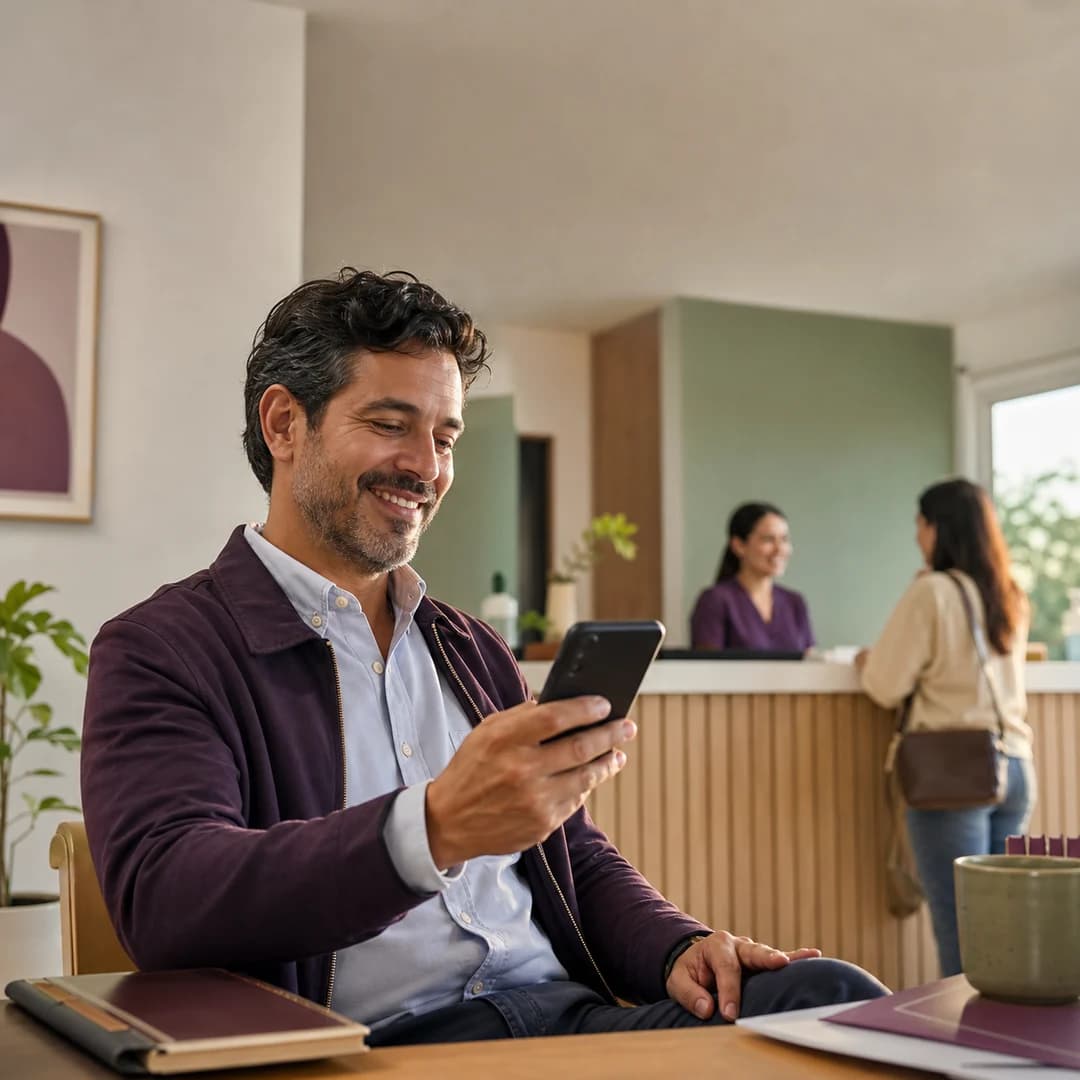 Marketing médico visto desde una persona que consulta su celular en la recepción