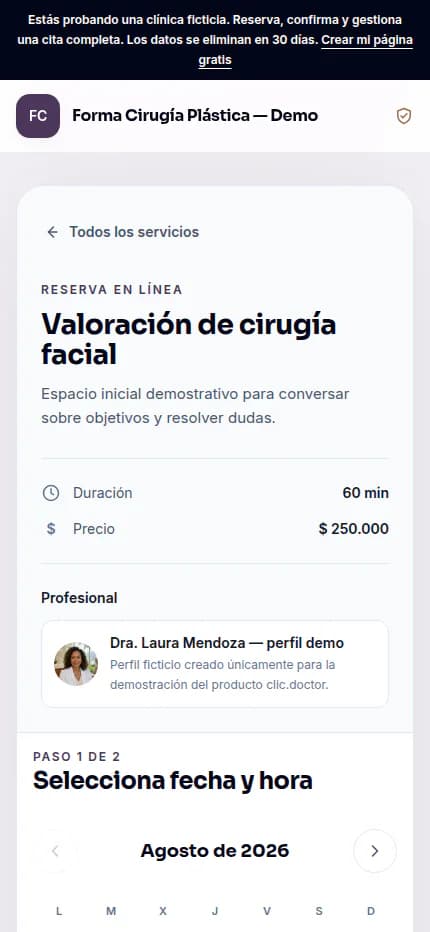 Captura real del calendario móvil de Forma Cirugía Plástica — Demo