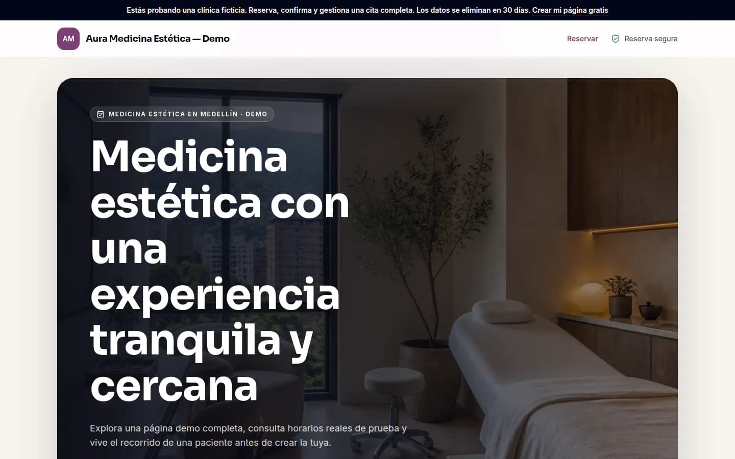 Captura real de la landing Aura Medicina Estética — Demo