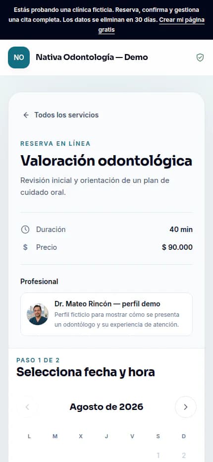 Captura real del calendario móvil de Nativa Odontología — Demo